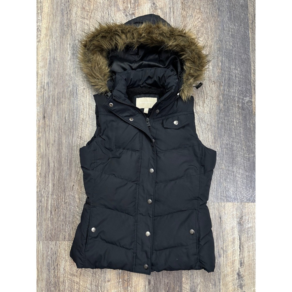 Banana Republic Womens Black Puffer Vest Faux Fur Trim Hood Sherpa Lined XS